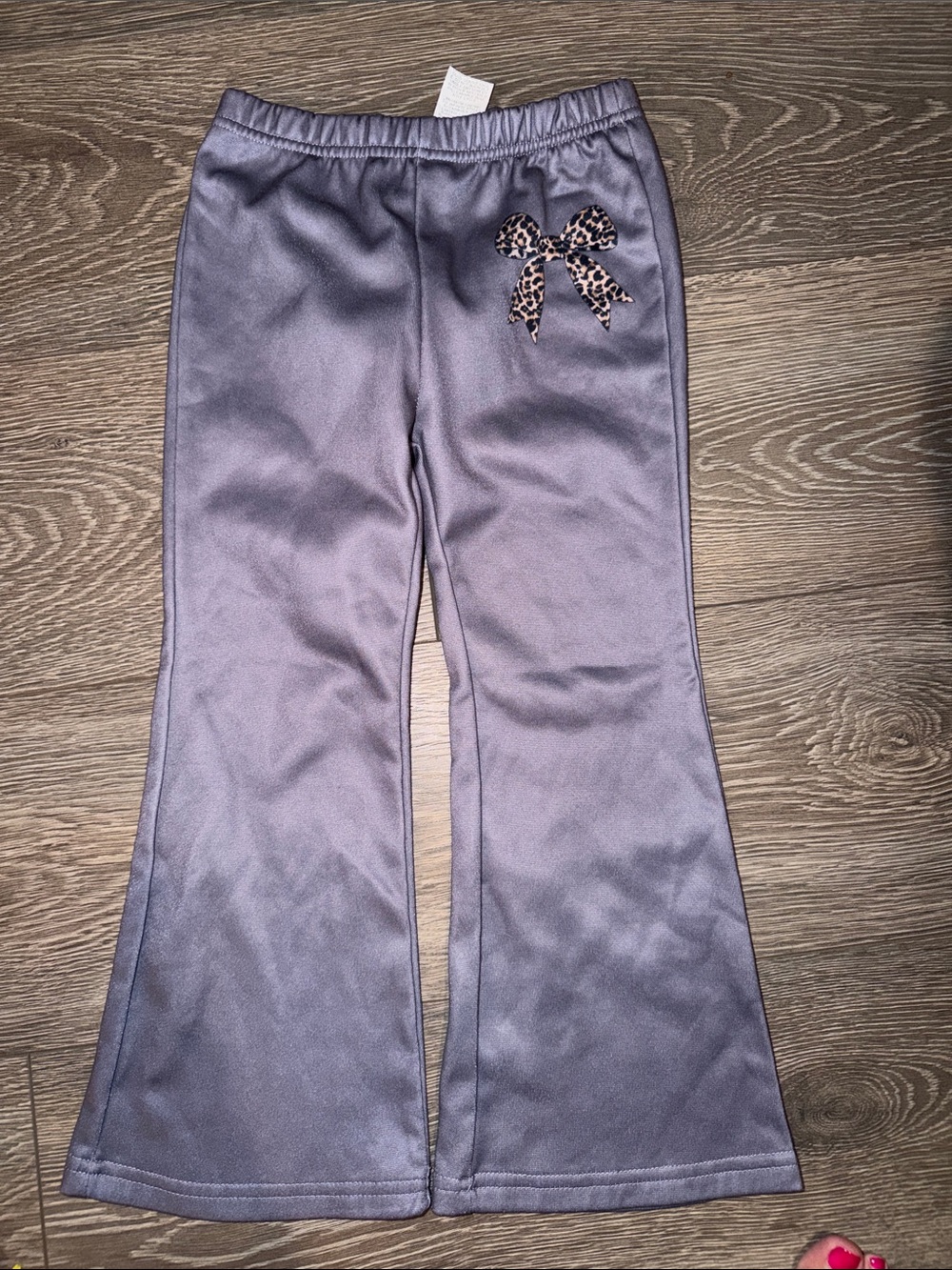 Girls' Gray Flare Leg Elastic Waist SweatPants with Leopard Print Bow Detail 6
